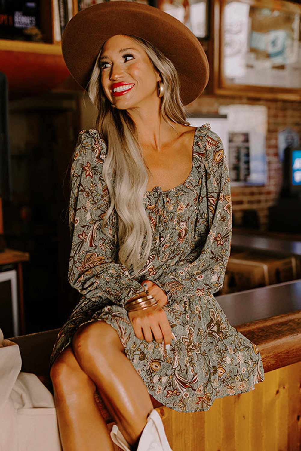 flowersverse Multicolour Floral Long Sleeve Frilled U-Neck Ruffled Dress