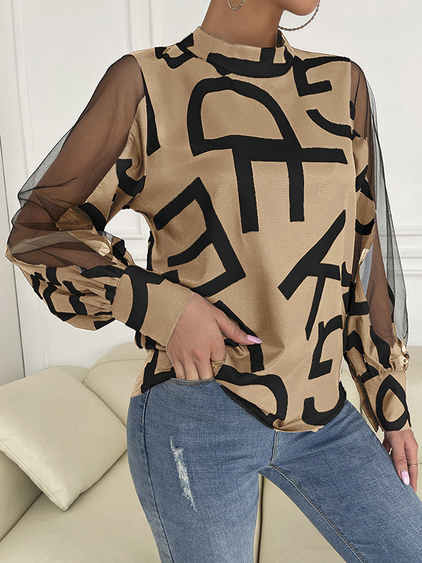 flowersverse Buttoned Hollow Letter Print See-Through Split-Joint Long Sleeves Round-neck Shirts Tops Blouses&shirts Tops