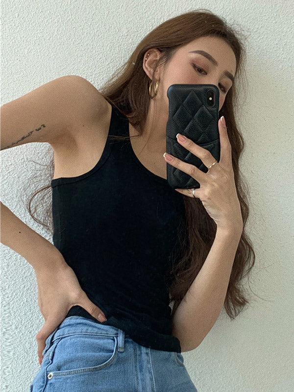 flowersverse Original Solid Color Round-Neck Sleeveless Vest Tops