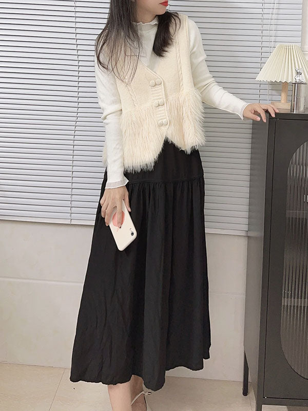 flowersverse Buttoned Solid Color Split-Joint Loose Sleeveless V-Neck Vest Outerwear