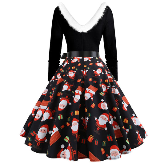 flowersverse Women's Dress Vintage Furry V Neck Long Sleeve Christmas 1950s Housewife Evening Vestido Party Dresses Sexy Dress Female Clothes