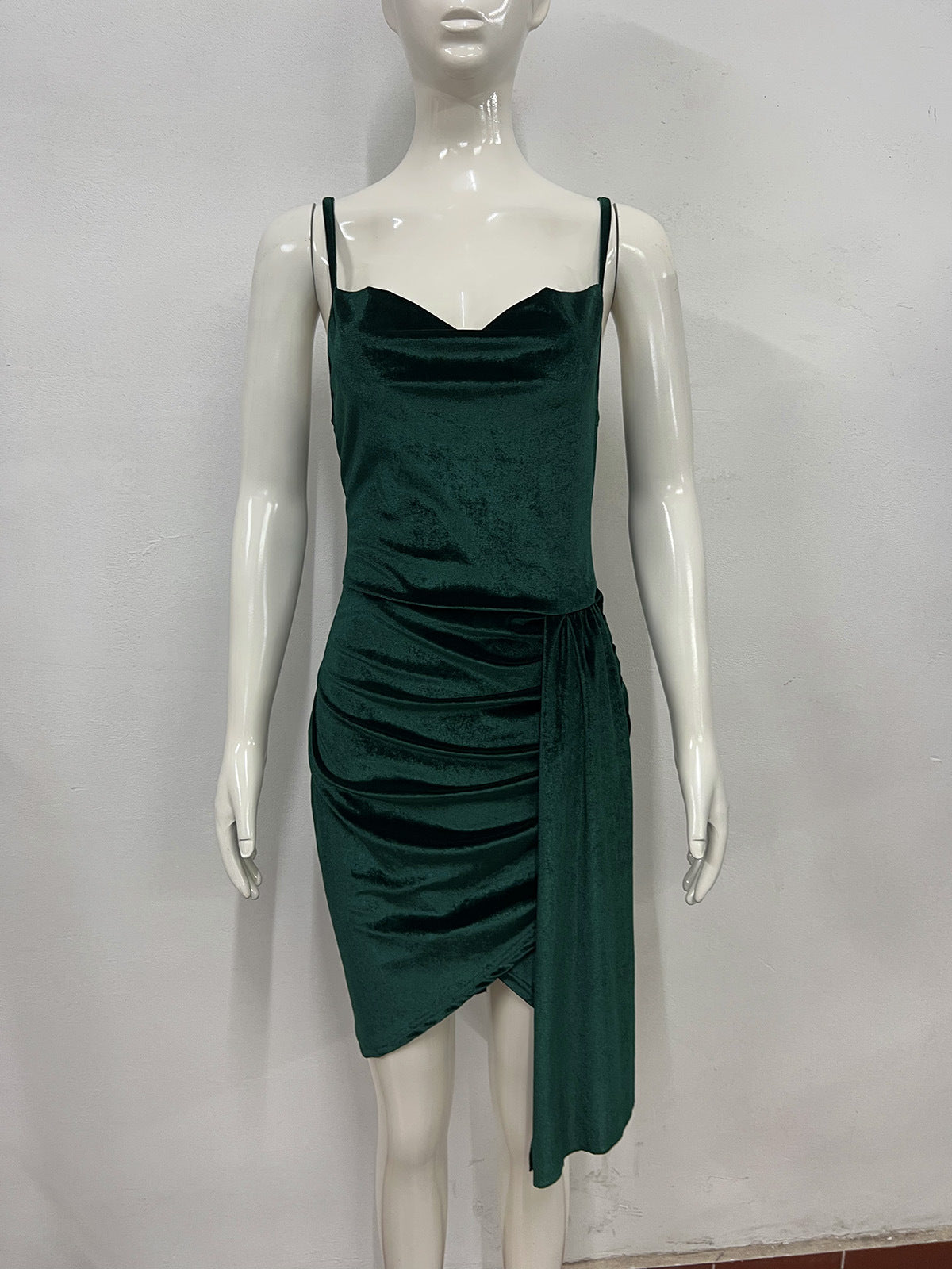 flowersverse Summer Fashion Ladies Chic Slit Pleated velvet Strap Dress Evening Gown