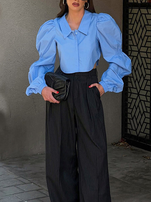 flowersverse Buttoned Elasticity Solid Color Bishop Sleeve Long Sleeves Lapel Blouses&Shirts Tops
