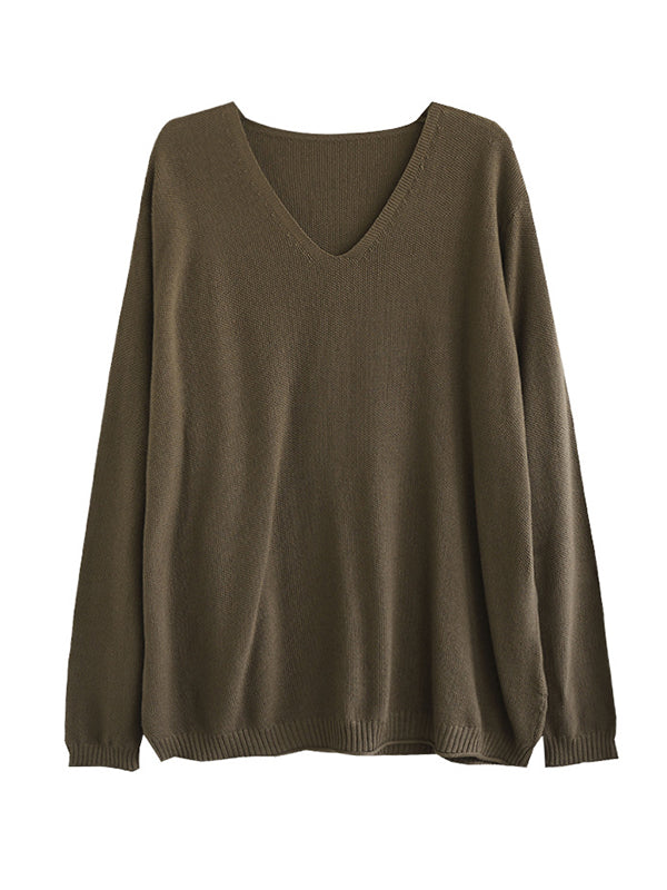 flowersverse Solid Color Long Sleeves Loose V-Neck Sweater Tops