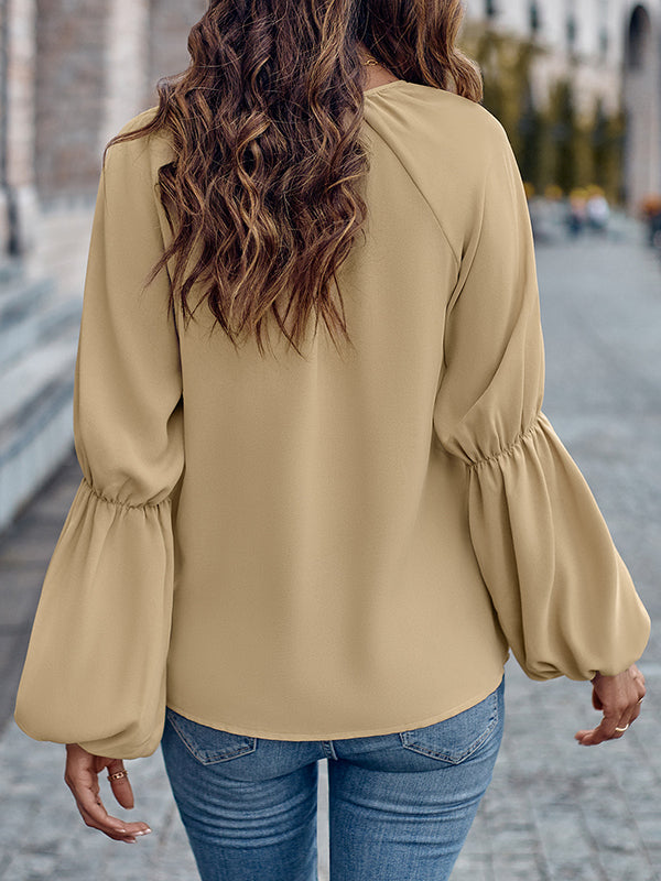 flowersverse Solid Color Loose V-Neck Blouses&Shirts Tops