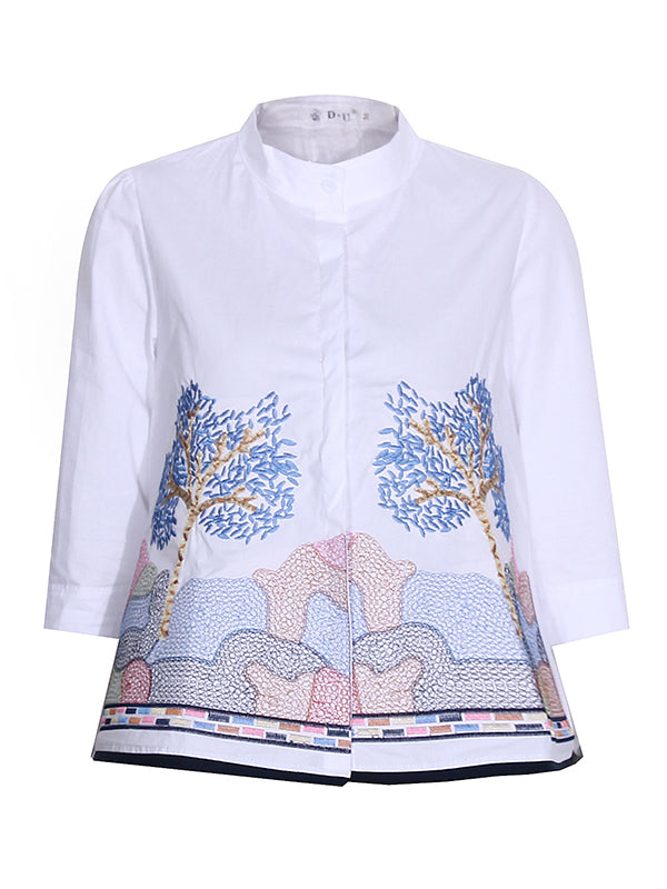 flowersverse Casual Three-Quarter Sleeves Loose Embroidered Stand Collar Blouses&Shirts Tops