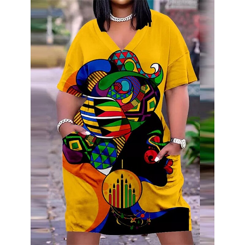 flowersverse Women's Plus Size Casual Dress T Shirt Dress Tee Dress Shift Dress Geometric Butterfly Midi Dress Short Sleeve Pocket Print V Neck Fashion Daily Brown Spring Summer L XL XXL 3XL 4XL