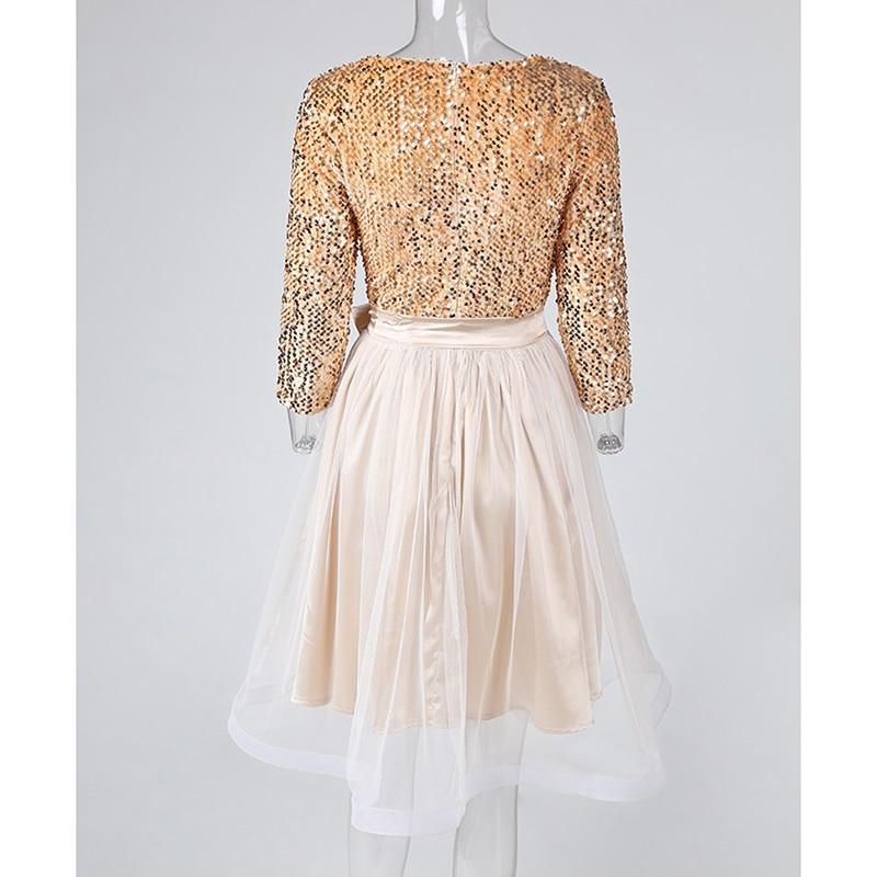 flowersverse Women Sequin Mesh Patchwork A-line Party Dress Sequins Tight Waist Layered Mesh Dress Elegant Ladies 3/4 Sleeve formal Dresses