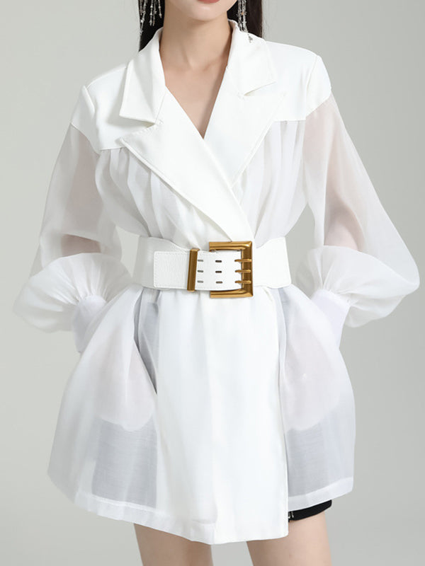 flowersverse See-Through Split-Joint Tied Waist Loose Puff Sleeves Lapel Blouses&Shirts Tops