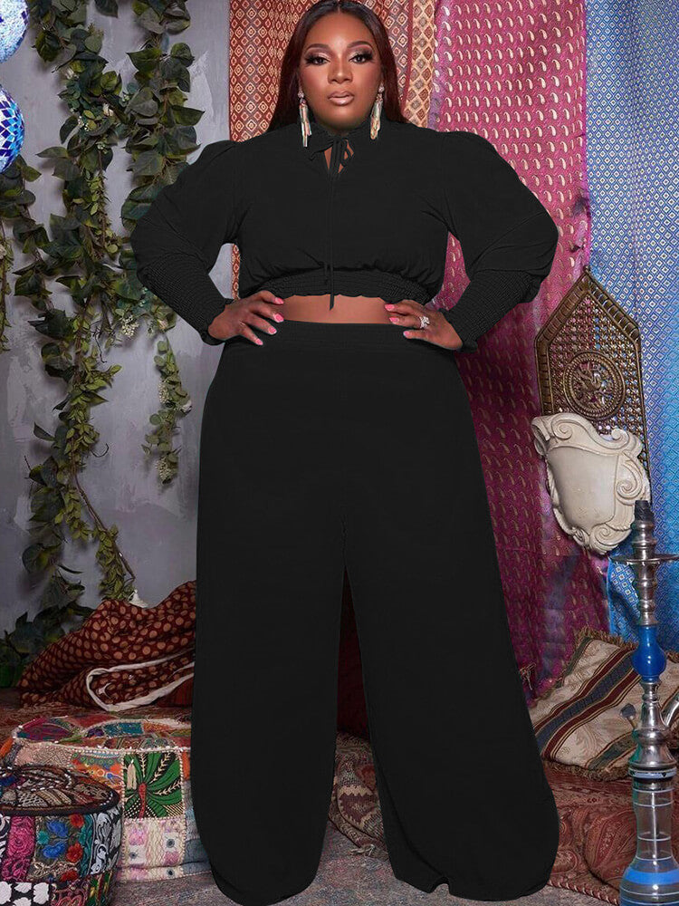 flowersverse Plus Size Two Piece V Neck Crop Top & Ruffle Wide Leg Pants