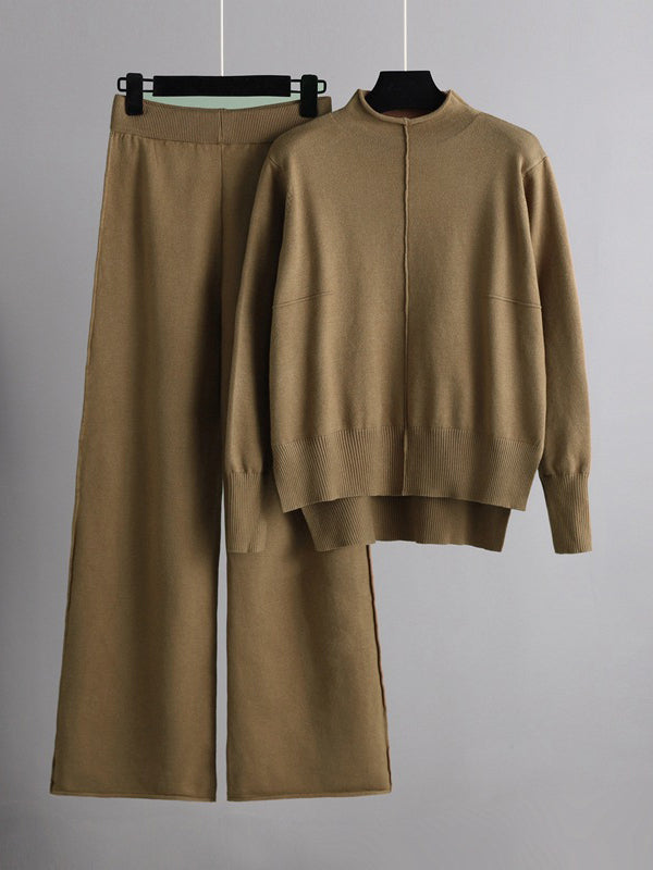 flowersverse Stylish High-Low Long Sleeves Split-Side Solid Half Turtleneck Sweater Tops & Wide Leg Pants Two Pieces Set