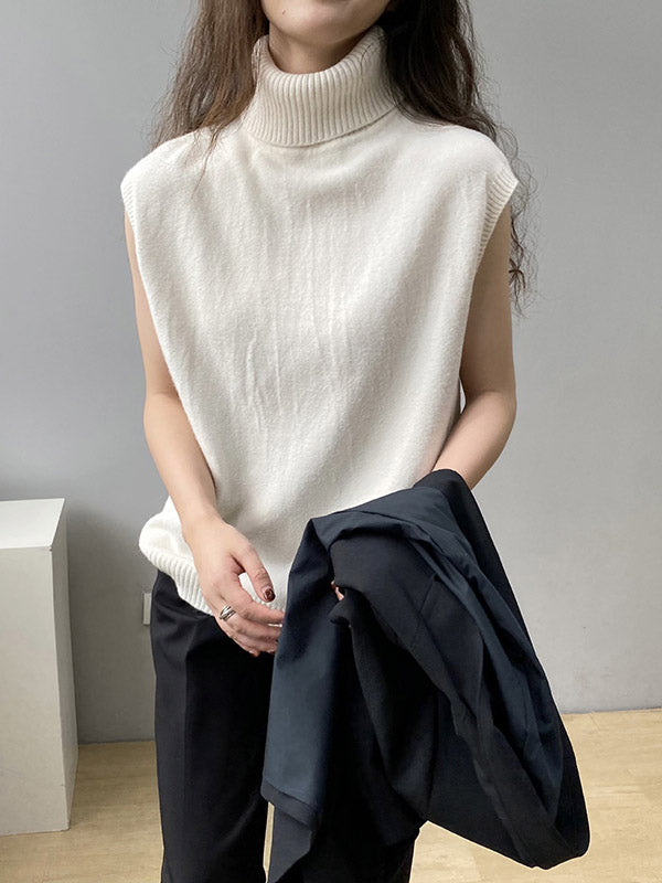 flowersverse Simple Loose Solid Color High-Neck Knitting Vest Top