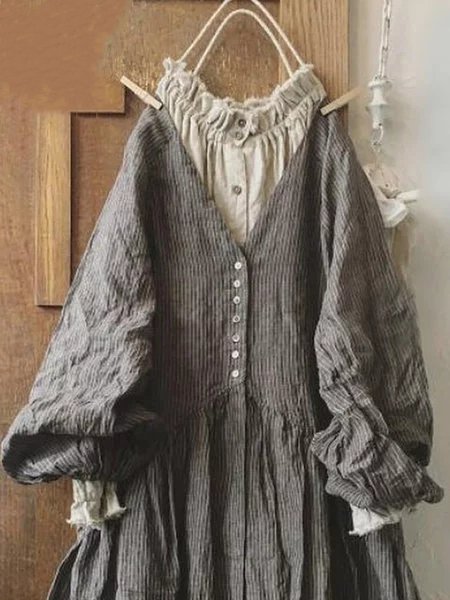 flowersverse Vintage Striped Long Sleeve V Neck Casual Weaving Dress