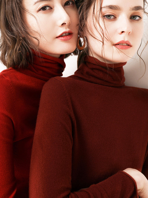 flowersverse Casual Skinny Long Sleeves Solid Color Heaps Collar Sweater Tops Pullovers