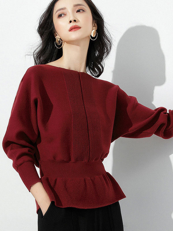 flowersverse Casual Long Sleeves Solid Color Boat Neck Tunic Sweater Tops