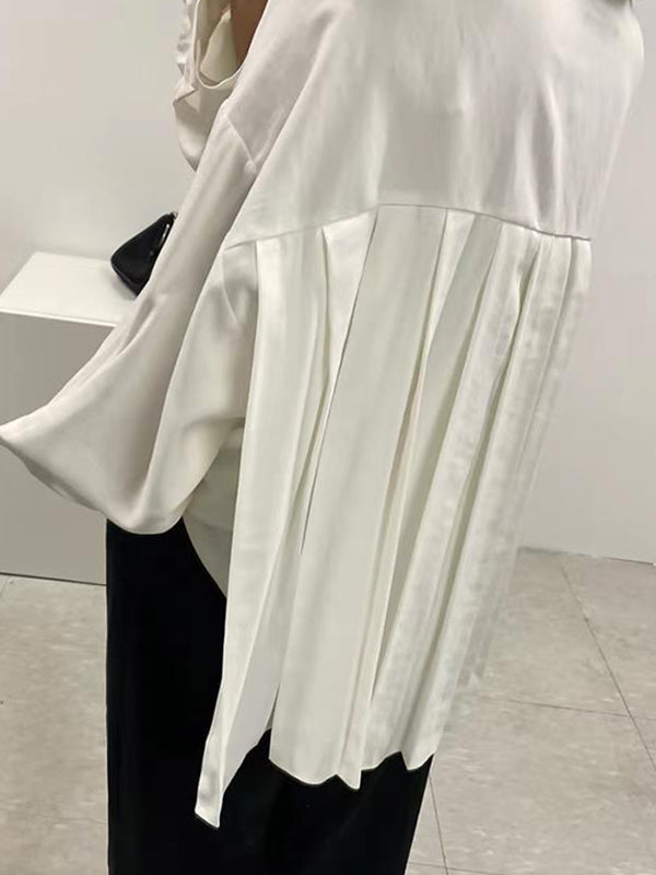flowersverse Simple Long Sleeves Loose Buttoned Pleated Solid Color Lapel Collar Blouses&Shirts Tops