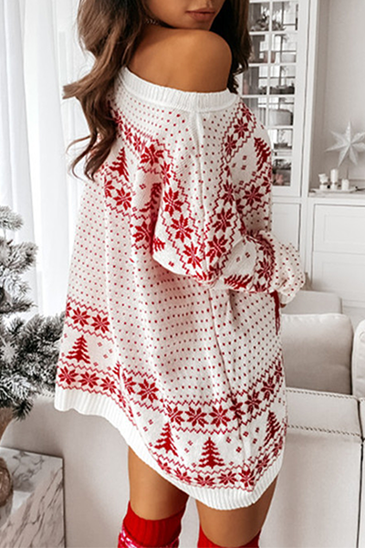 flowersverse Casual Wapiti Snowflakes Christmas Tree Printed Patchwork Contrast O Neck Dresses Sweater