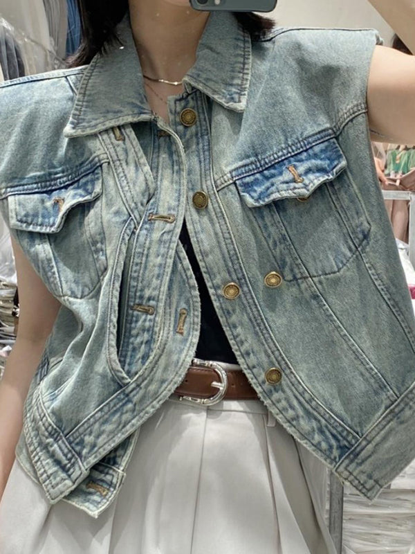 flowersverse Asymmetric Buttoned Pockets Split-Joint Loose Sleeveless Lapel Collar Vest Outerwear