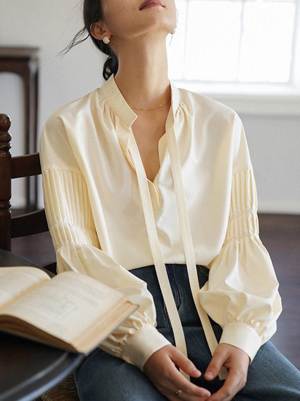 flowersverse Pleated Solid Color Tied Long Sleeves Loose Mock Neck Blouses&shirts Tops