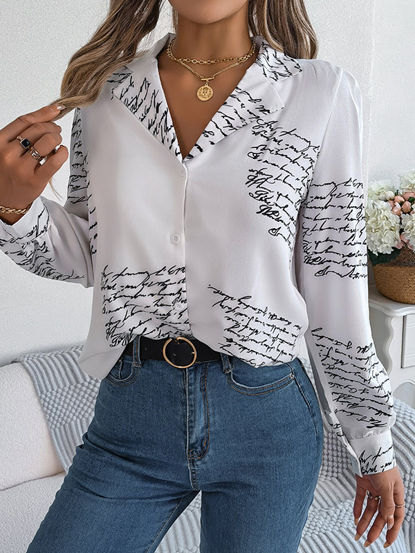 flowersverse Buttoned Letter Print Long Sleeves Loose Notched Collar Blouses&Shirts Tops