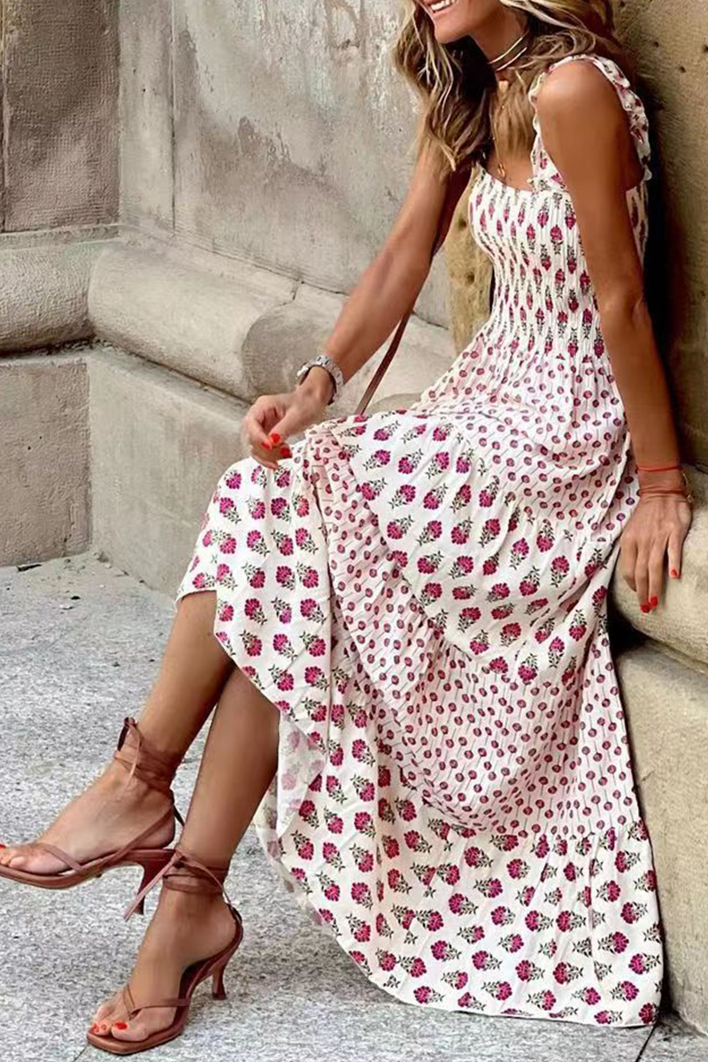 flowersverse Casual Print Flounce Square Collar Cake Skirt Dresses