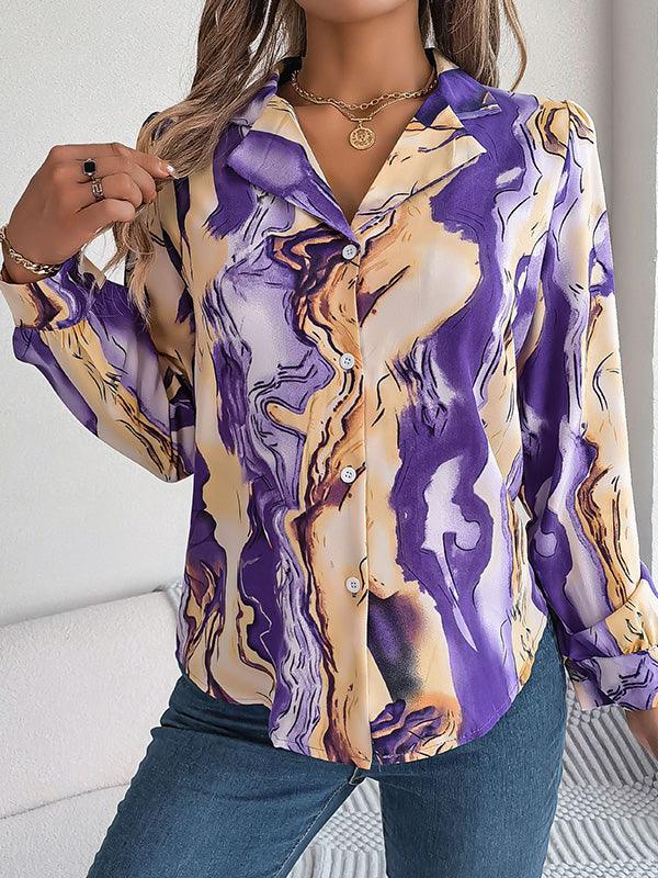flowersverse Buttoned Printed Long Sleeves Loose Notched Collar Blouses&Shirts Tops
