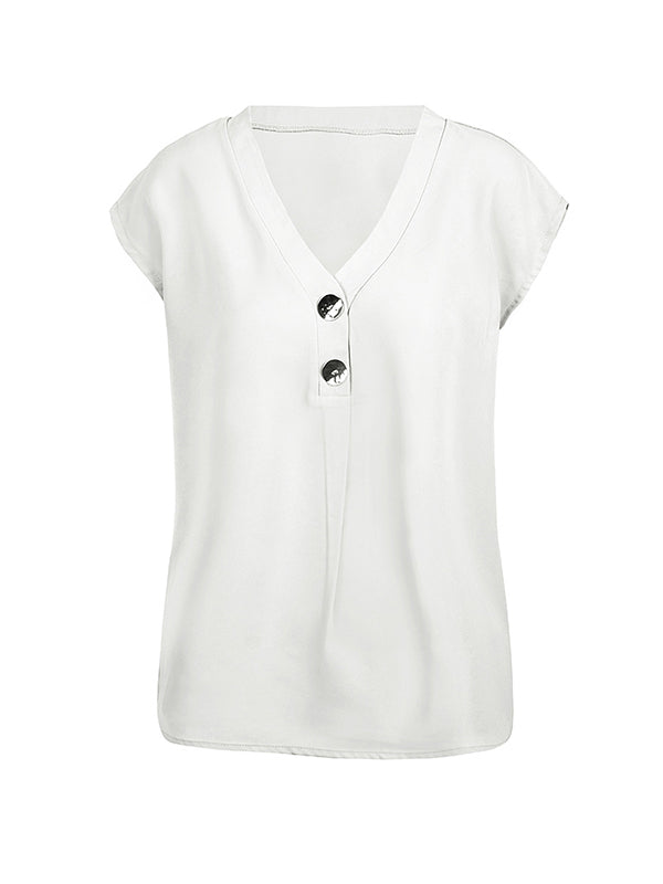flowersverse Buttoned Solid Color Cap Sleeve Loose V-Neck Blouses&Shirts Tops