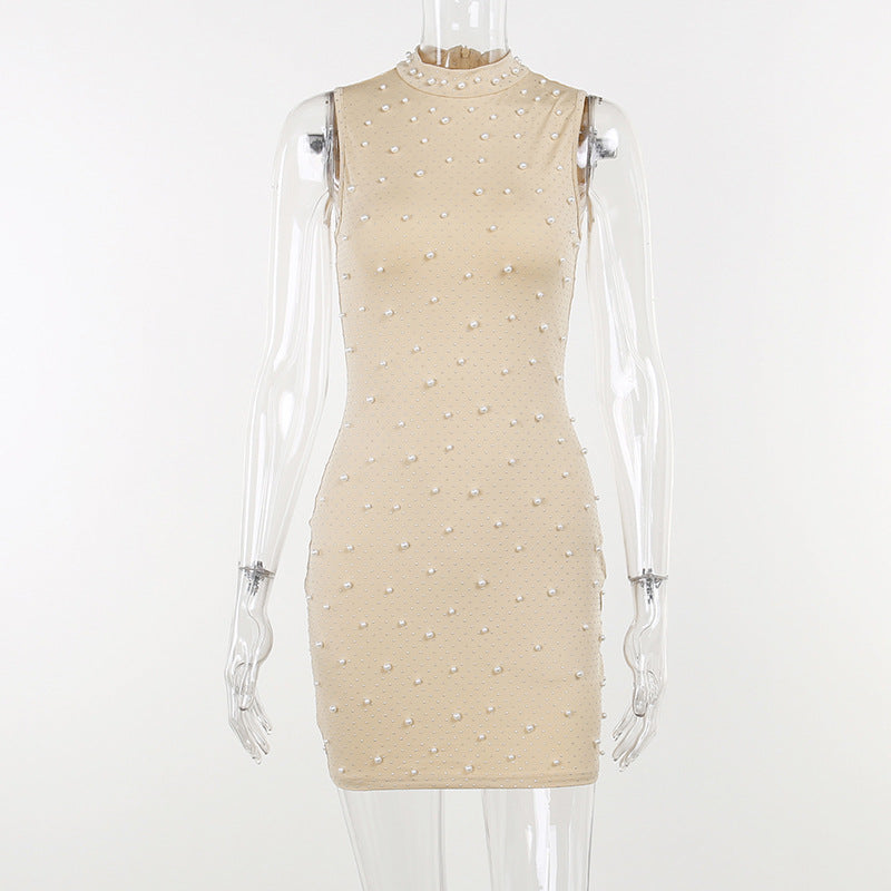 flowersverse Half-High Collar Mesh Beaded Slim Sexy Bodycon Dress