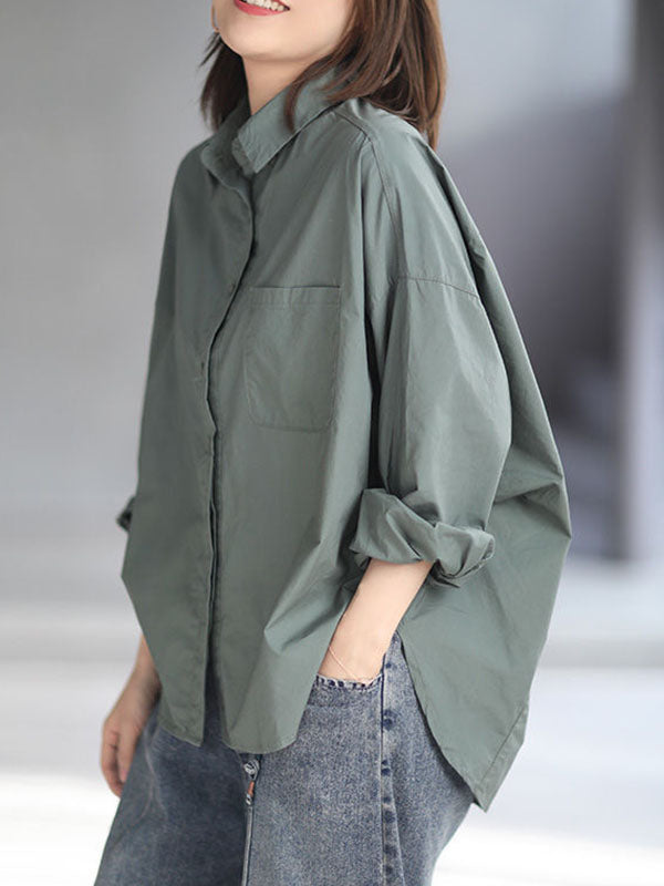 flowersverse Solid Color High-low Long Sleeves Lapel Blouses&shirts Tops