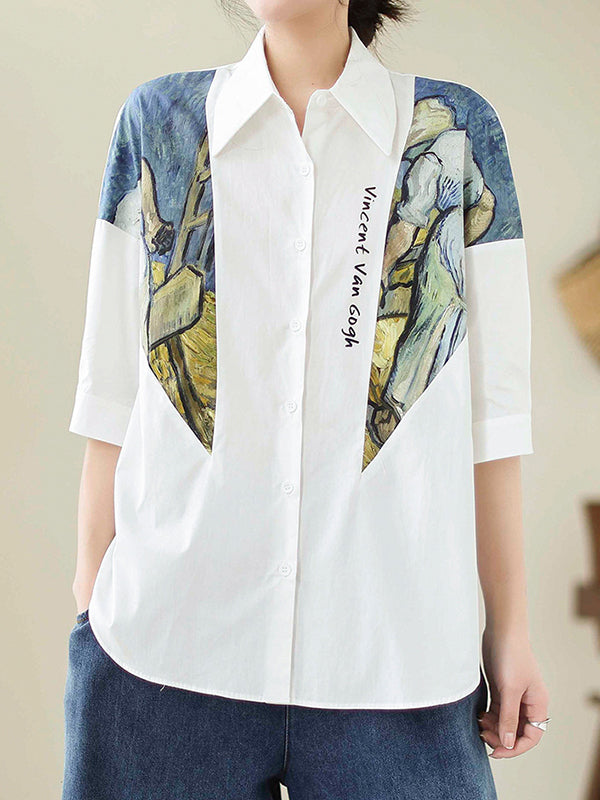 flowersverse Printed Half Sleeves Loose Lapel Blouses&shirts Tops