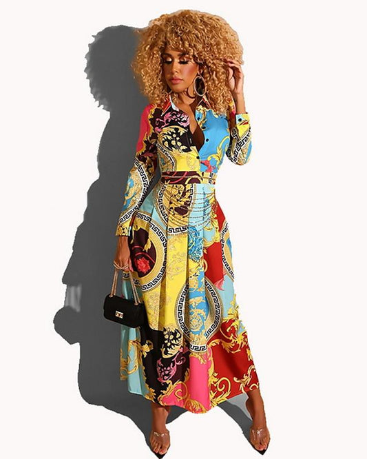 flowersverse Women's A-Line Dress Maxi Long Dress - Long Sleeve Geometric Shirt Collar Hot Elegant Vacation Dresses Slim Light Blue