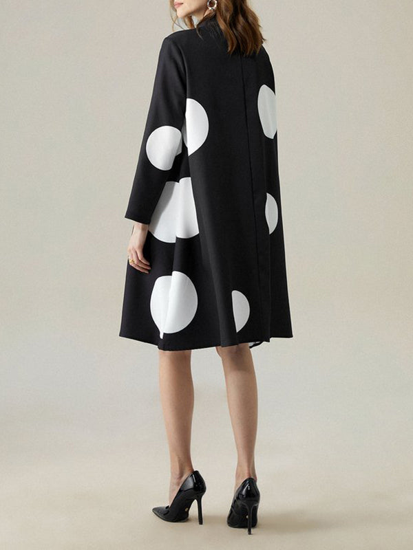 flowersverse Asymmetric Buttoned Polka-Dot Tied Long Sleeves Loose Mock Neck Midi Dresses