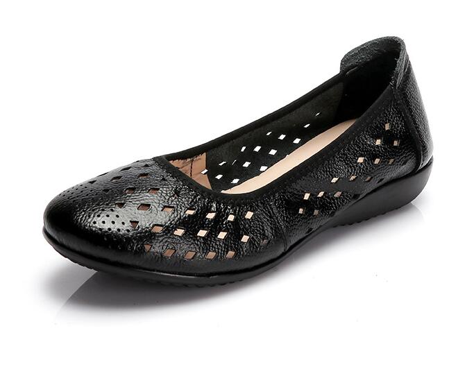 flowersverse Spring Genuine Leather Flat Summer Shoes Women Casual Hollow Breathable Soft Bottom Ladies Flats Plus Size 35-43