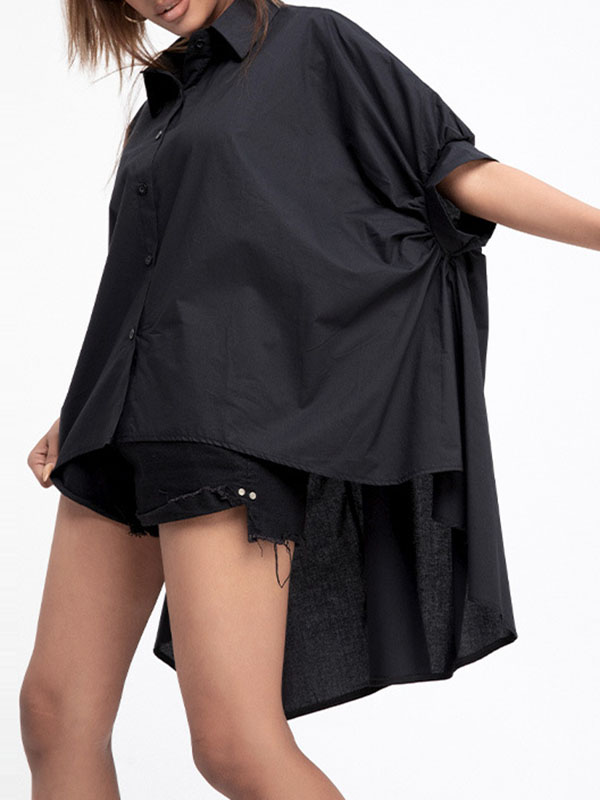 flowersverse Solid Color Batwing Sleeves High-Low Lapel Blouses&Shirts Tops