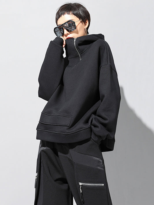 flowersverse Stylish Black Asymmetric Zipper Hoodies