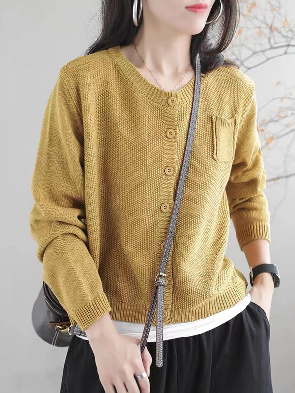 flowersverse Simple Loose Long Sleeves Buttoned Solid Color Round-Neck Cardigan Tops