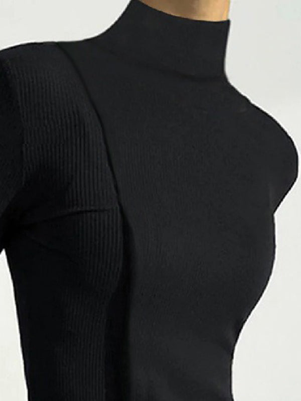 flowersverse Solid Color Split-Joint Skinny High Neck T-Shirts