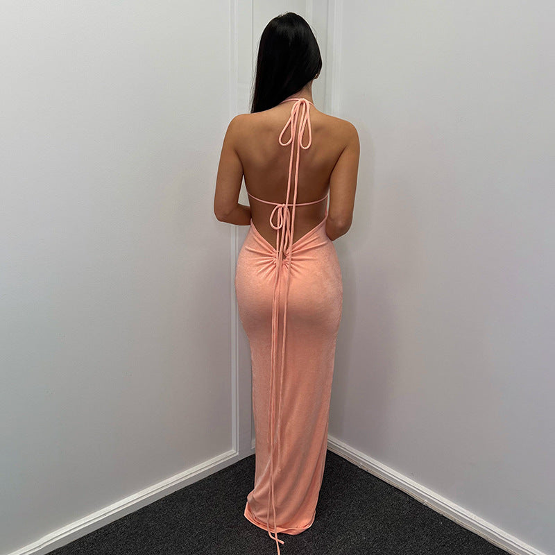 flowersverse Summer Ladies Long Dress Solid Color Sexy Low Back Straps Halter Bodycon Dress