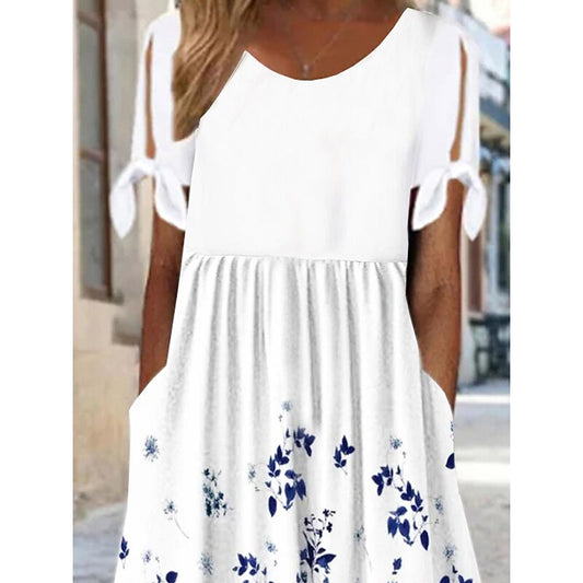 flowersverse Women's Casual Dress Summer Dress Print Dress Graphic Floral Ruched Pocket Crew Neck Midi Dress Fashion Classic Outdoor Daily Short Sleeve Loose Fit White Spring Summer S M L XL XXL