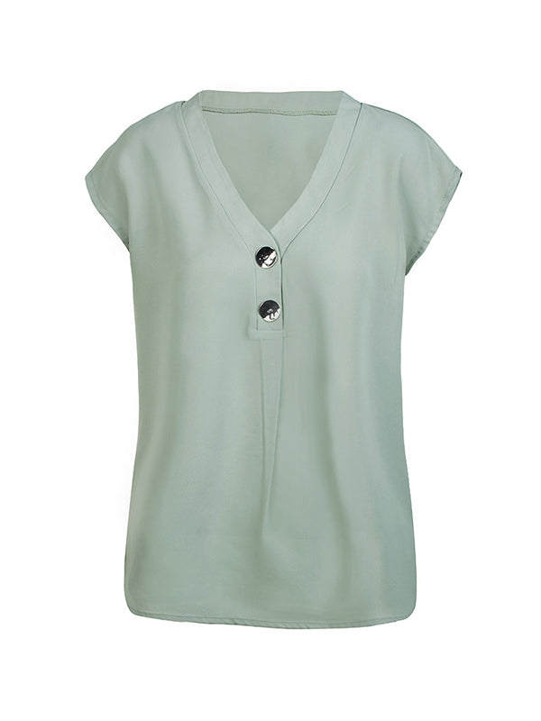 flowersverse Buttoned Solid Color Cap Sleeve Loose V-Neck Blouses&Shirts Tops