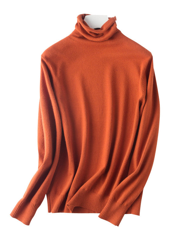 flowersverse Simple Loose Long Sleeves Solid Color High-Neck Sweater Tops