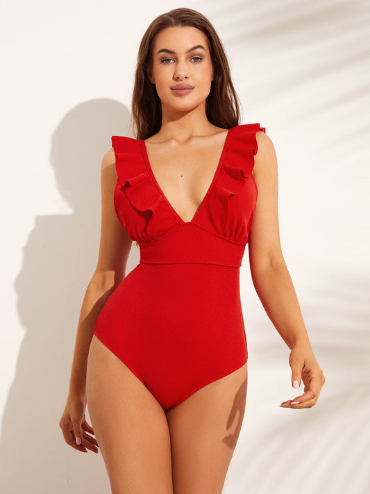 flowersverse Elegant Plain Flouncing V Neck One Piece Swimsuit
