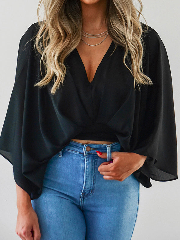 flowersverse Solid Color Loose Three-quarter Sleeves Deep V-Neck Blouses&shirts Tops