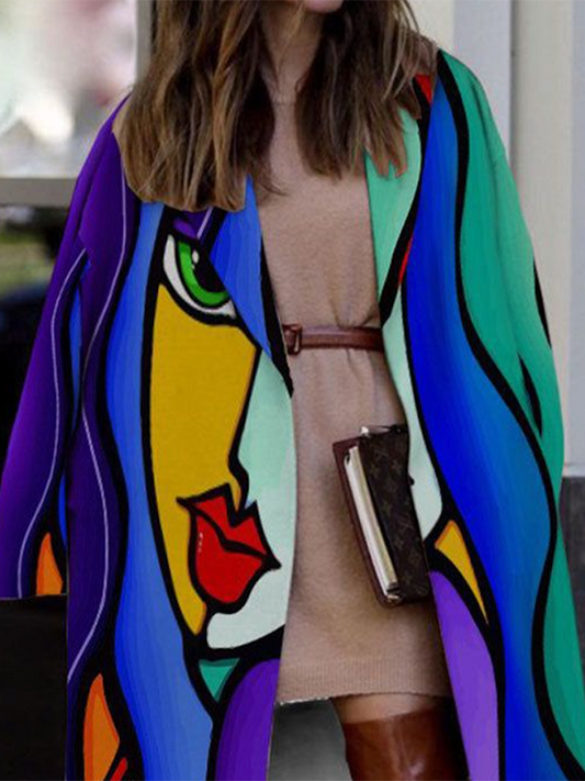 flowersverse Long Sleeves Loose Contrast Color Figure Notched Collar Outerwear Woolen Coat