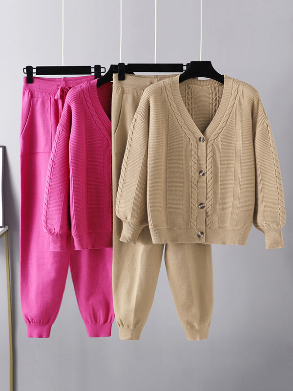 flowersverse Casual Loose Solid Color Long Sleeves V-Neck Cardigan Tops& Drawstring Pants Suits