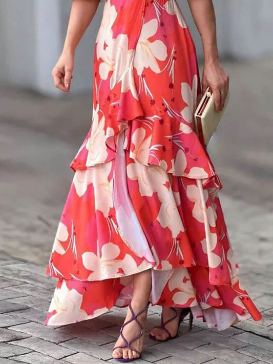flowersverse Elegant V-Neck Printed Layered Dress
