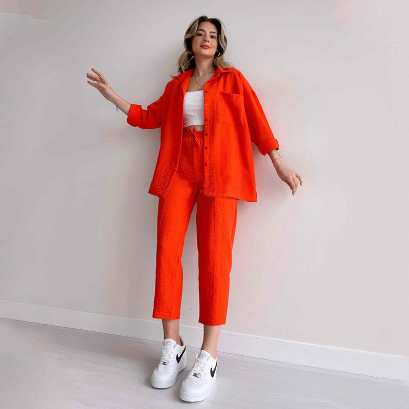 flowersverse Plus Size Women's Fall Casual Loose Shirt Coat Cropped Sport Harem Pants Two-Piece Set
