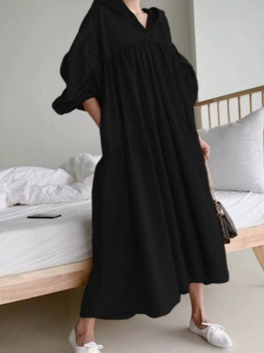 flowersverse Urban Solid Color Pleated Long Sleeves Hooded Midi Dress