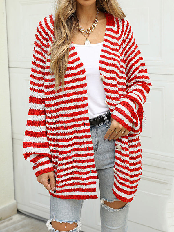 flowersverse Casual Loose Long Sleeves Striped V-Neck Cardigan Tops