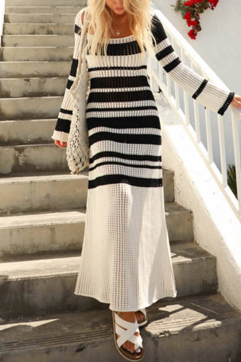 flowersverse Casual Vacation Striped Contrast Square Collar Long Sleeve Dresses